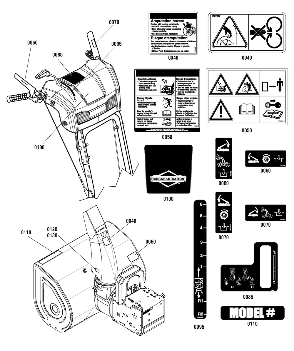 Decals Group Diagram and Parts List for 1696155-00-924MD 2012 Briggs and Stratton Snow Blower